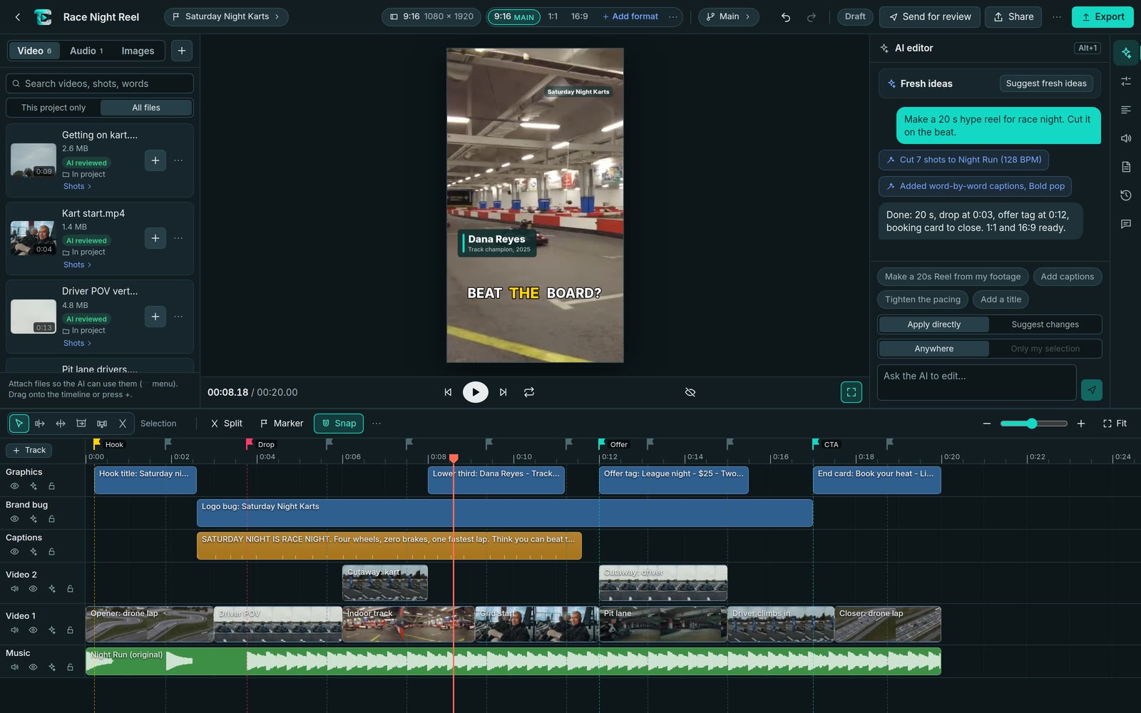 The Tealcut editor with a race-night reel open: a captioned vertical preview, a media bin, an AI chat that has just cut the video to the beat, and a multi-track timeline with video, graphics, caption and music tracks.